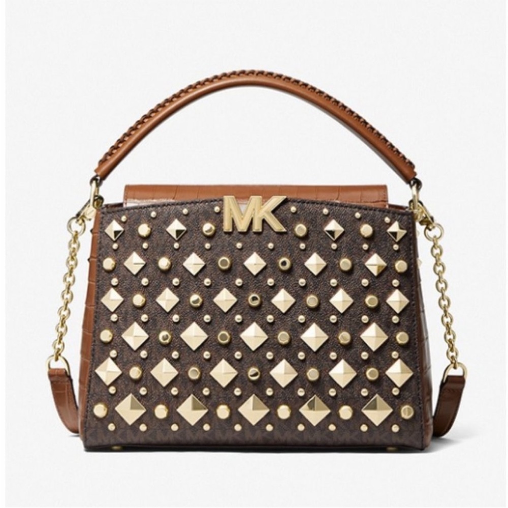 New Michael Kors Karlie Medium Studded Signature Logo Satchel in Chestnut Brown - Picture 4 of 17